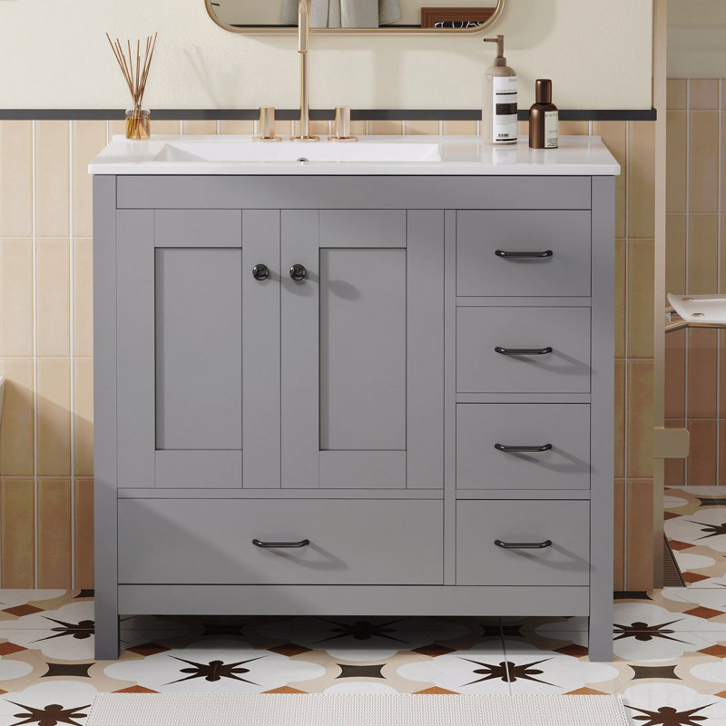 Ensemble de meuble-lavabo avec lavabo en céramique, armoire de rangement abondante, 2 portes à fermeture douce et 5 tiroirs