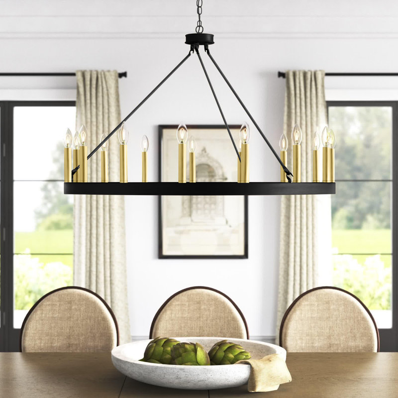 Beck 15-Light Wagon Wheel Chandelier, Aged Zinc/Satin Brass