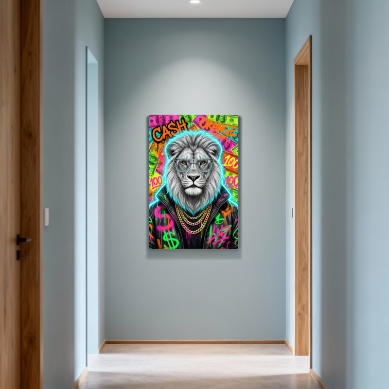 Animaux, lion coloré avec des lunettes et un fond d'argent, H 24 po x l 16 po