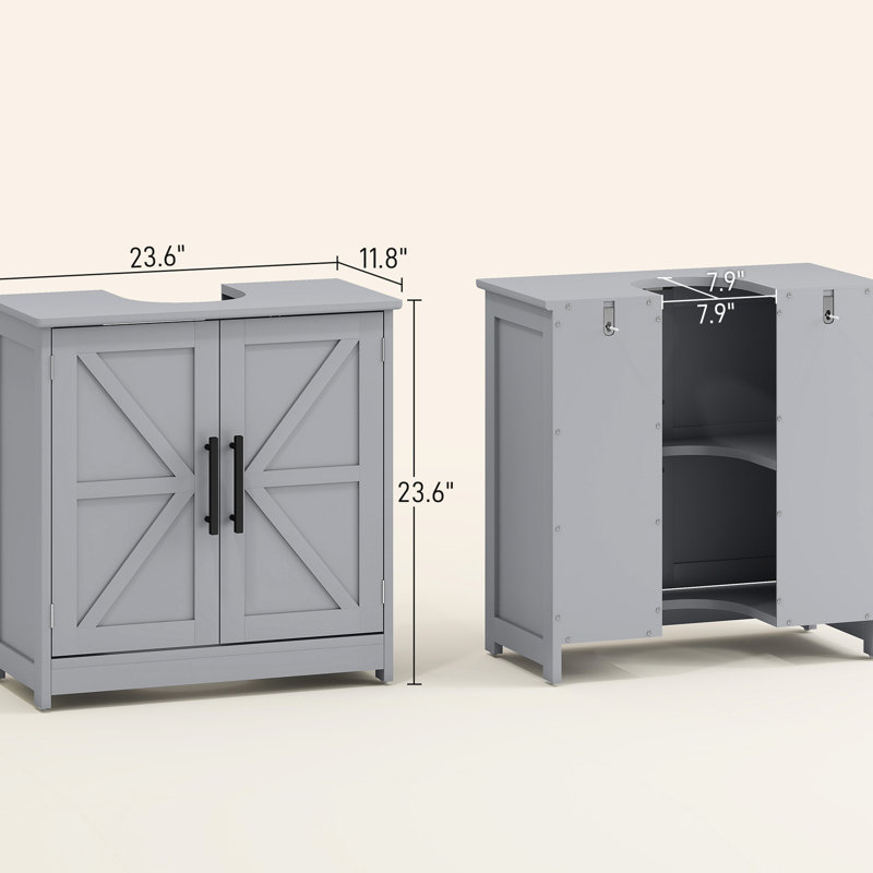 Meuble-lavabo sur piédestal, gris foncé, conception à deux niveaux, tablette réglable, élégance, rangement de salle de bain peu encombrant, portes de grange, style, rangement sécuritaire