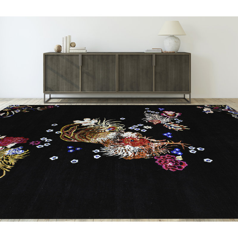 Tapis floral noir / jaune noué à la main Floral, Rectangle 8 pi x 10 pi