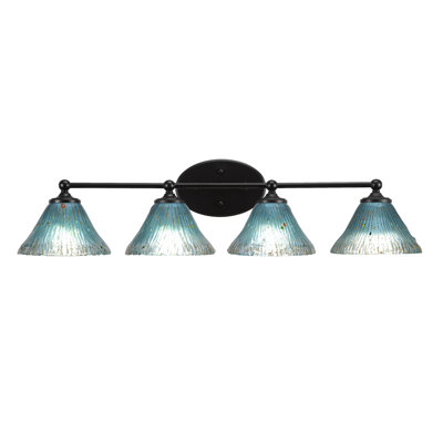 Barre d'éclairage de salle de bain 4 lumières Gerwyn au fini noir mat avec verre cristal sarcelle de 7 po