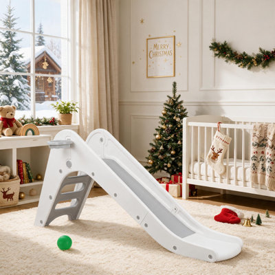Toddler Slide, Baby Indoor Foldable Slide with Basketball Hoop & Ball, 63" Extra Long Slope, Non‑Slip Steps, Sturdy Plastic Outdoor Climber Playset for Kids Ages 3+