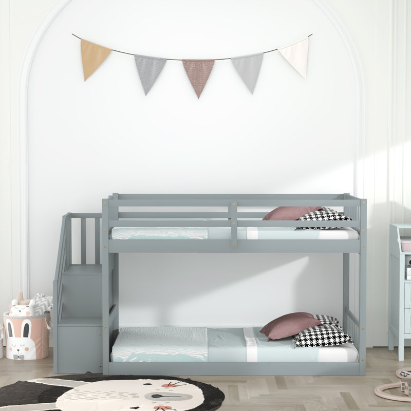 Twin Over Twin Floor Bunk Bed, Gray