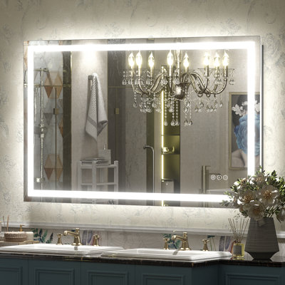 Miroir de salle de bain / meuble-lavabo en verre trempé à DEL certifié avant et arrière Wayfair Basics® avec garantie de 3 ans