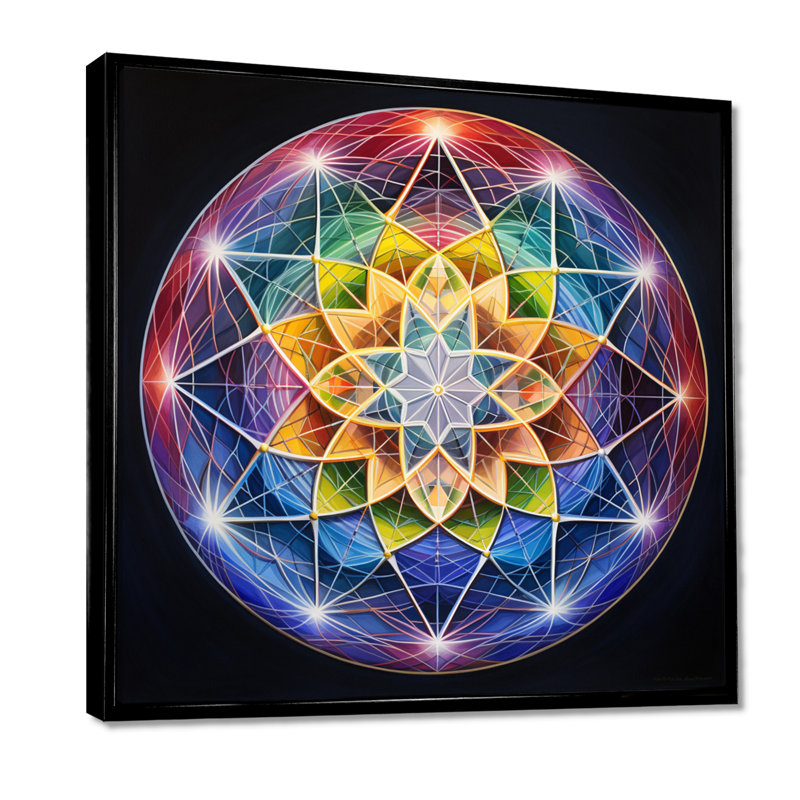 Sacré étoile bleu vert - impression d'art mural Mandala Boho, Toile avec cadre flottant noir, H 16 po x l 16 po x P 1 po
