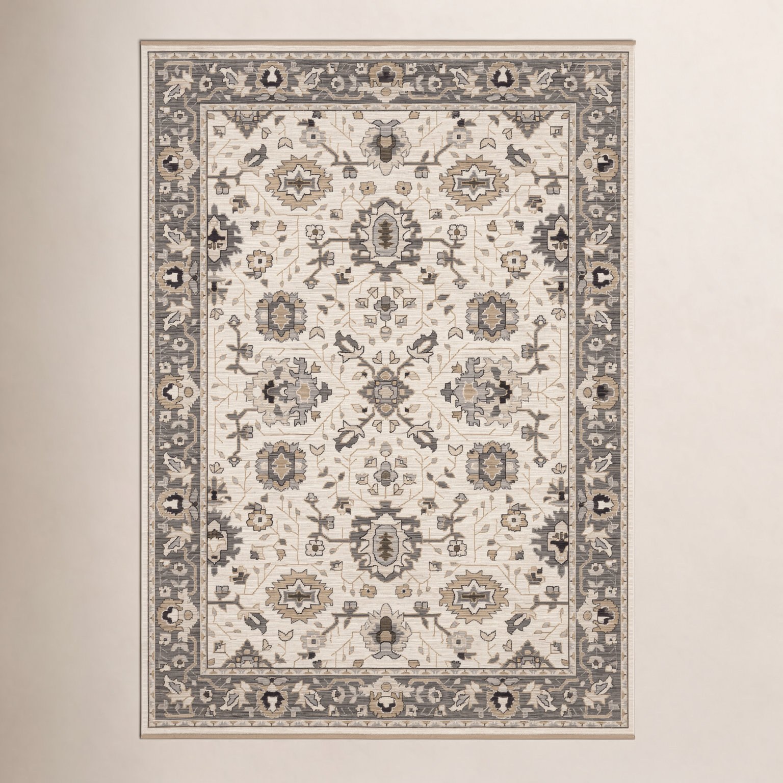 Abena Beige Gray Bordered Oriental Wool Rug, Rectangle 2' x 3'