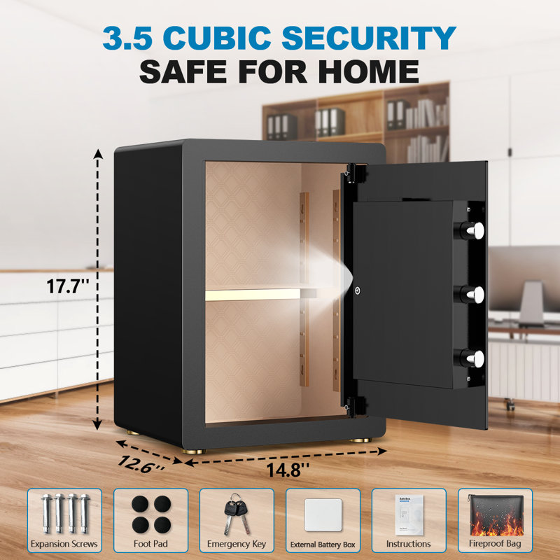 Besafety 3.55 Cuft Large Safe Box, Digital Keypad Home Safe With Fireproof Bag & Alarm System, Fire And Water Resistant Security Safe For Money Valuables Black