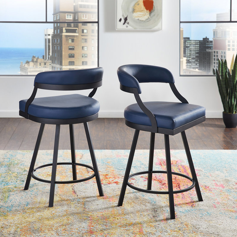 Alisier Black Finish Metal Vegan Leather Swivel Chair (Set Of 2), Counter Stool (26.35" Seat Height), Blue