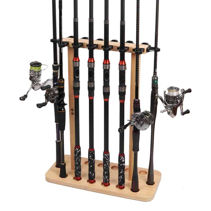 Supports de cannes à pêche, supports à cannes à pêche 100% bois pour 14 cannes ou combos, Natural Varnish