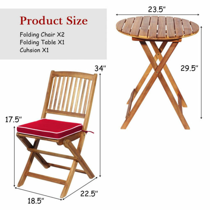 Eramana Round 2 - Person 23.5" Long Bistro Set with Cushions, Solid Wood, Red