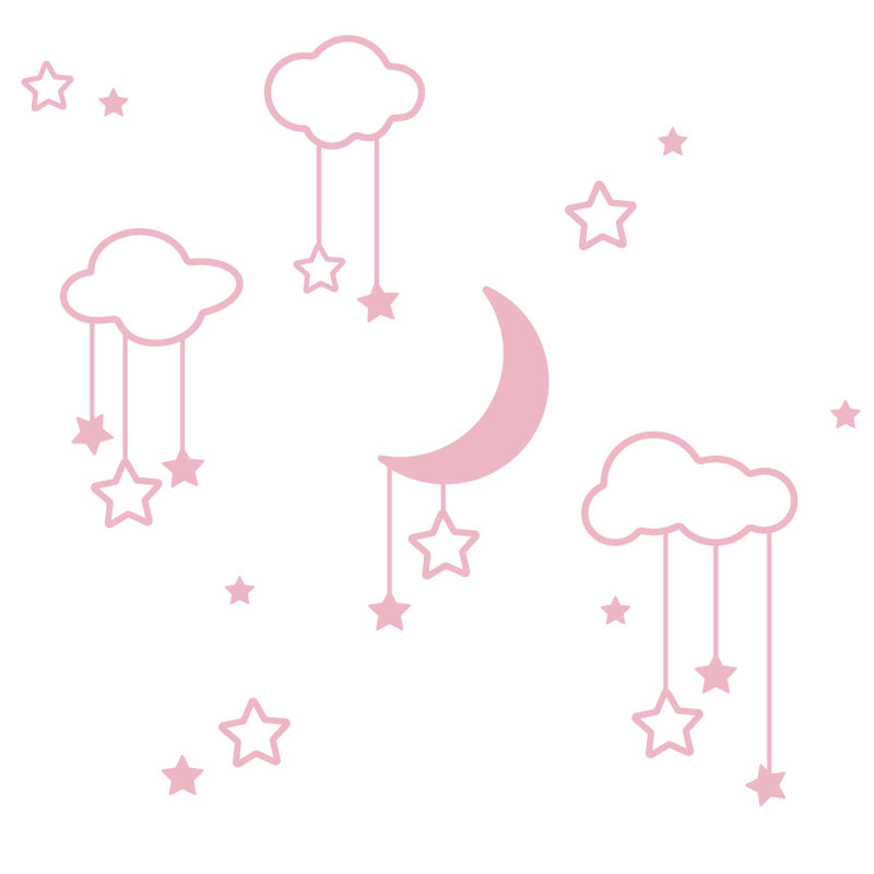 Décalcomanie murale étoiles et nuages lune, H 22 po x l 24 po x P 0,01 po, Rose œillet