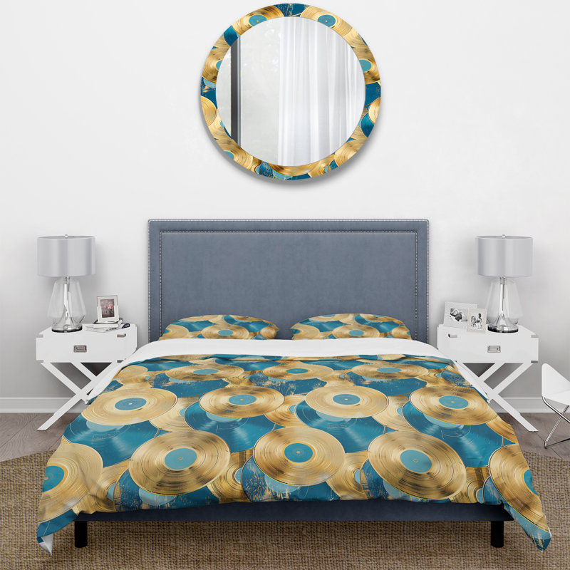 Ensemble de housse de couette rétro en vinyle doré bleu doré I, Housse de couette très grand + 2 très grandes ta