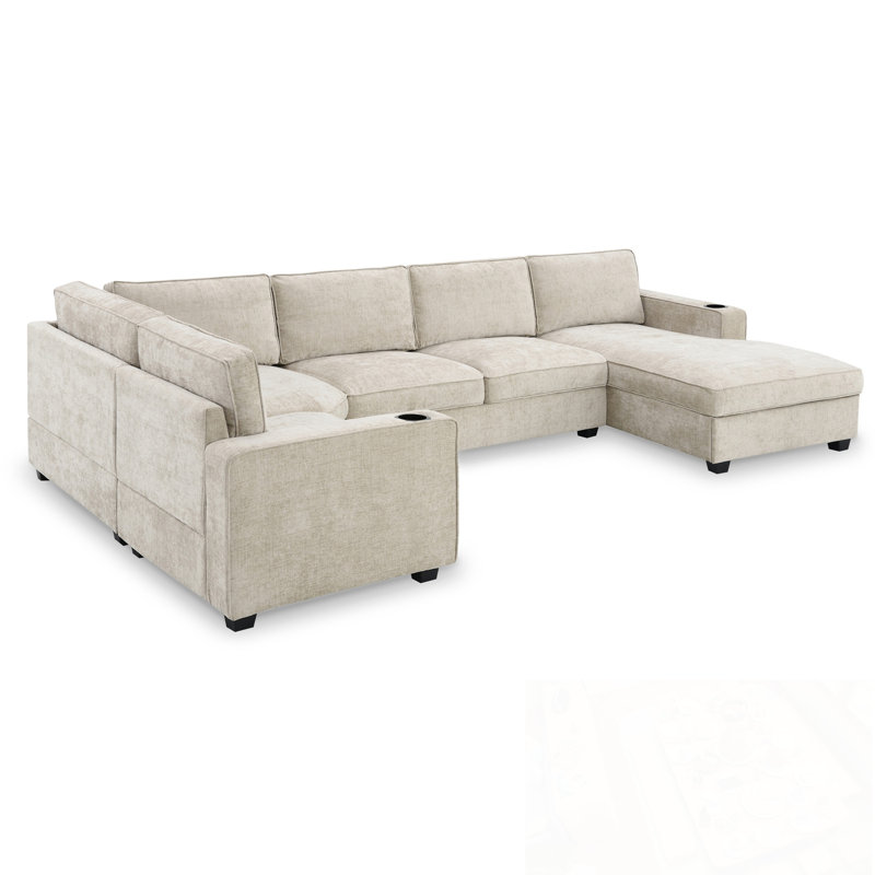 U-Shaped Chenille Sectional Sofa With Cup Holders And Wide Seat, Beige Chenille
