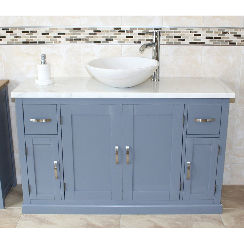 Santorini 1230mm Single Bathroom Vanity with Vessel Stone Basin, White Marble, White