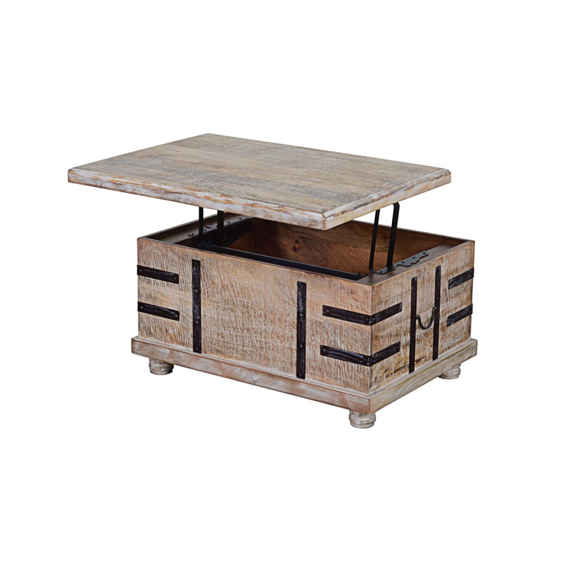 Table basse à plateau relevable en bois Mango avec incrustations en métal