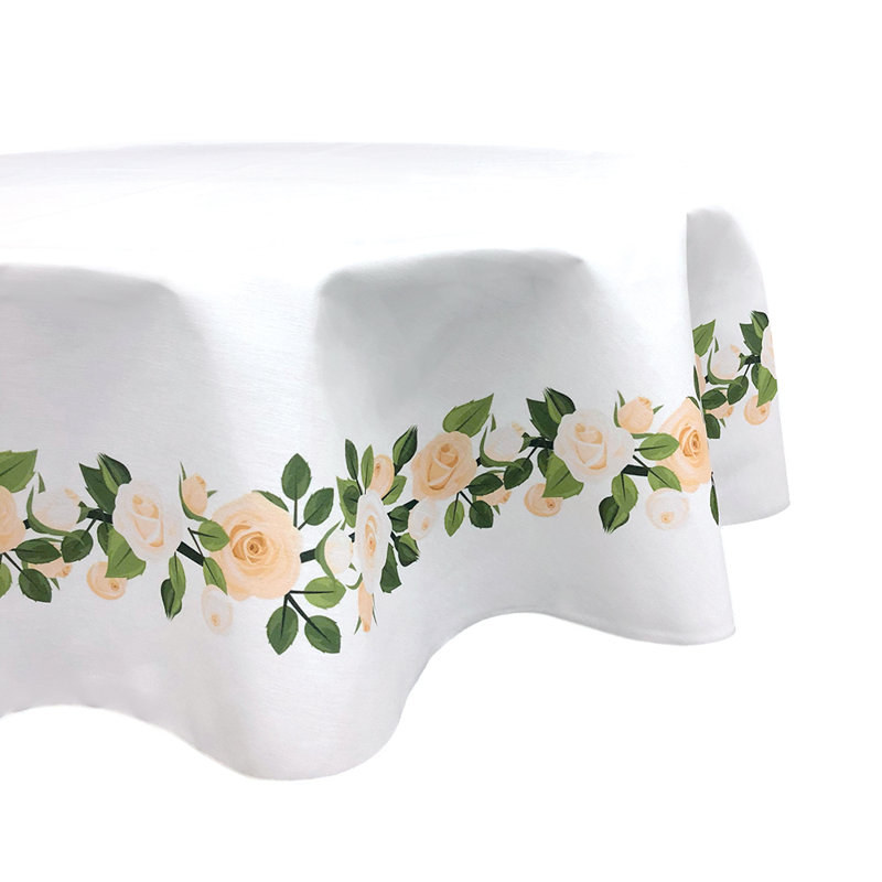 Avksenti Floral Round Wedding Tablecloth, Wedding White Roses Garland, 70" L x 70" W