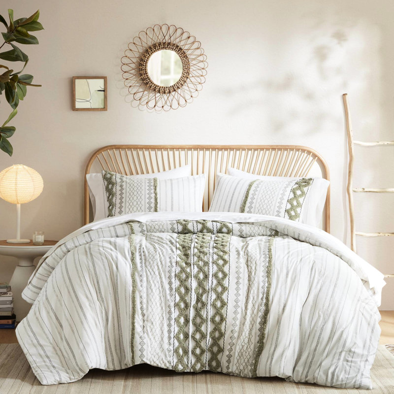 Housse de couette 100% coton 3 pièces très grand / très grand avec chenille, motif sauge, chevrons superposés, attaches intérieures, revers à teinture unie, fermeture en bouton de chenille sans substances nocives,