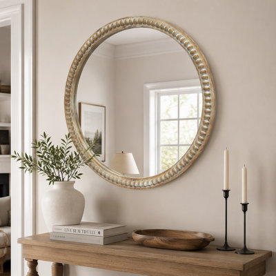  Miroir mural rond à cadre perlé, miroir décoratif en bois patiné, miroir mural décoratif pour entrée, salle de bain et salon