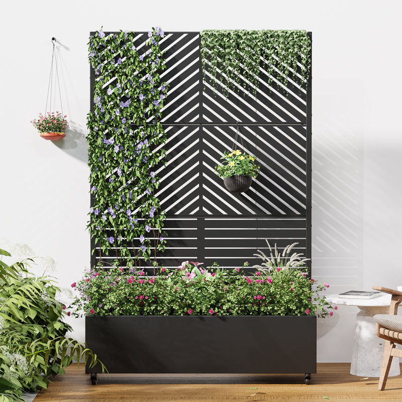 Boîte à fleurs d'extérieur individuelle en métal rectangulaire avec treillis pour plantes grimpantes