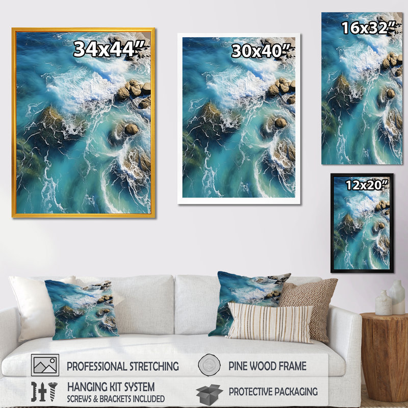Vue aérienne sur une île tropicale V - plage, art mural, Cadre flottant blanc, H 32 po x l 24 po x P 1 po