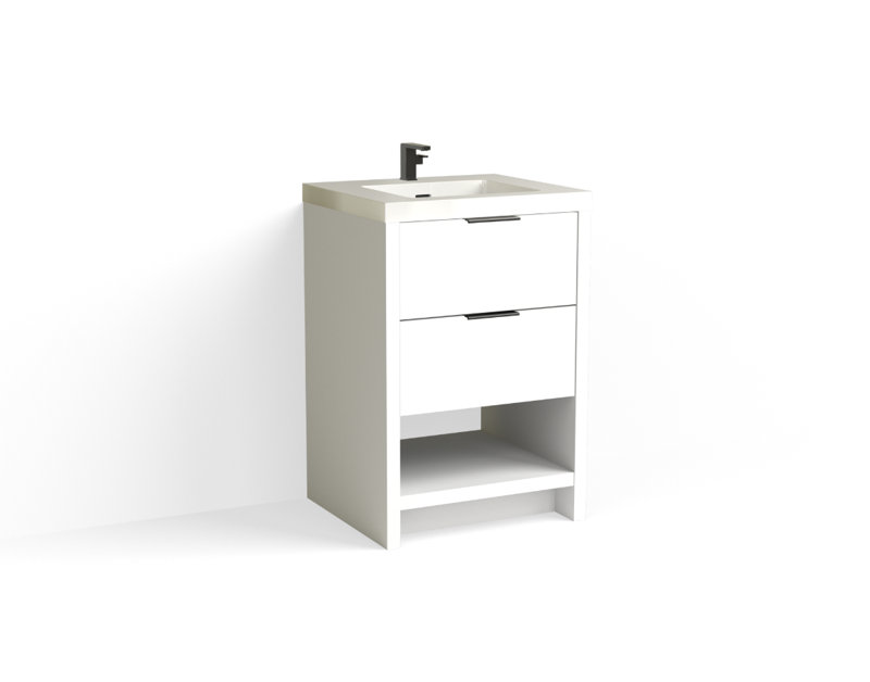 Vue 24" W Freestanding Single Bathroom Vanity, Glossy White/Single, Matte Black, White Nanomatte