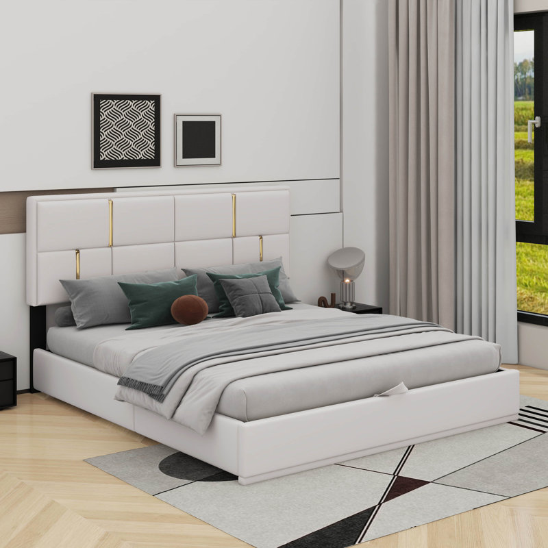 Grand lit plateforme tapissier avec système de rangement hydraulique, Beige