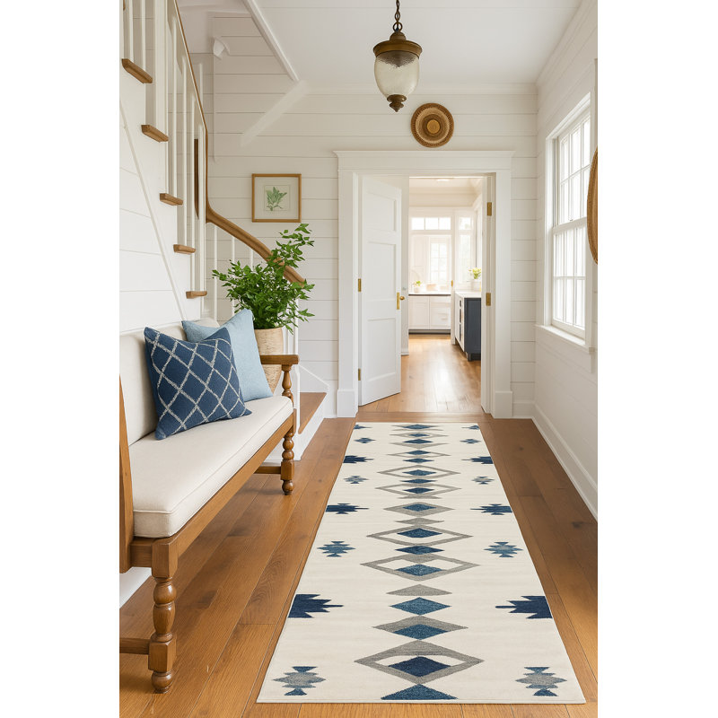 Strathearn Blue and Ivory Southwestern Runner Rug, Runner 2'3" x 6'
