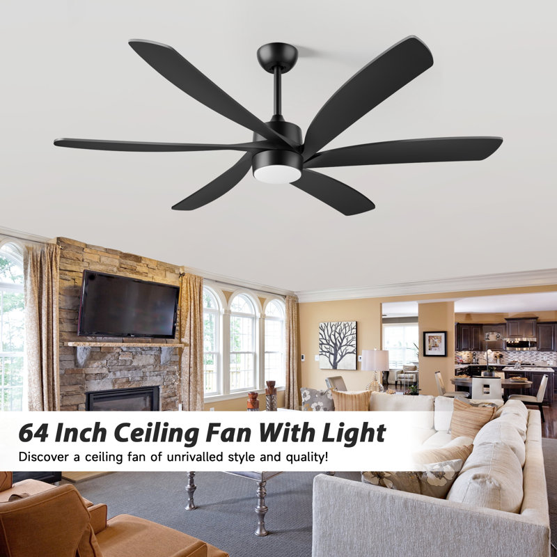 64" Modern 6 Blade Low Profile Dc Motor Ceiling Fan With Led Light And Remote For Indoor/outdoor Covered Spaces, Black, Black