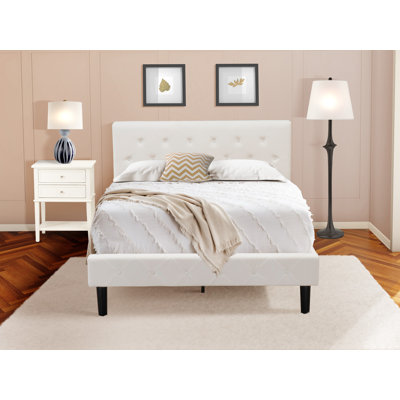 2 Piece Bedroom Set - Full Size Button Tufted Bed - Linen white Velvet Fabric Upholstered Headboard and a Wire Brushed Butter Cream Finish Nightstand