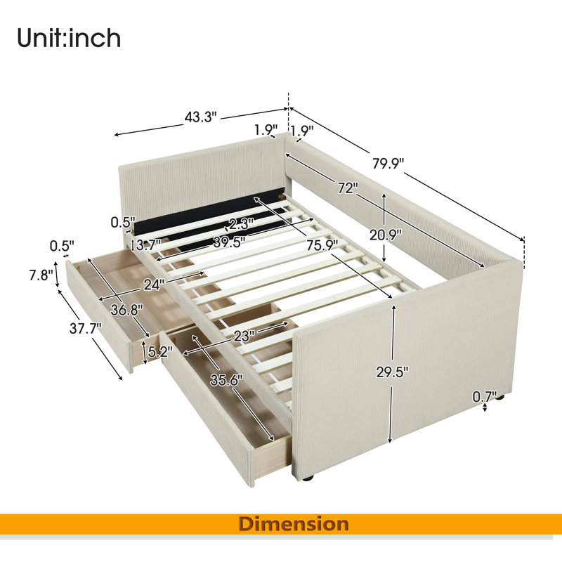 Twin Size Corduroy Daybed With Two Drawers And Wood Slat, Beige