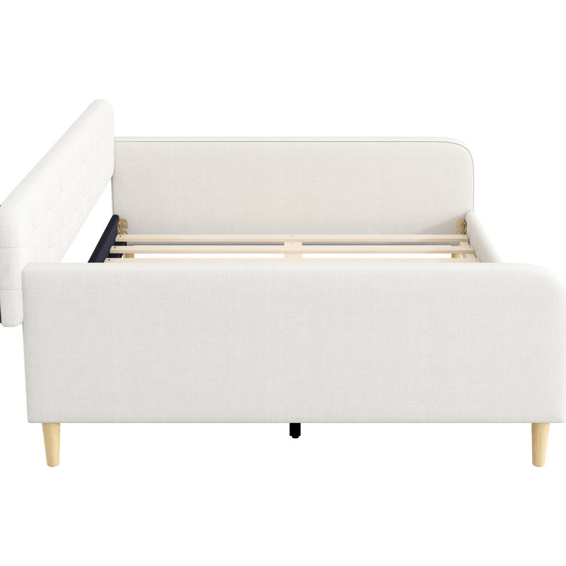 Grand lit de jour beige, revêtu de lin, 4 pieds de soutien, structure solide, polyvalent pour la décoration intérieure, lit de jour beige de construction, design moderne, assise et sommeil confortables, facile à poser
