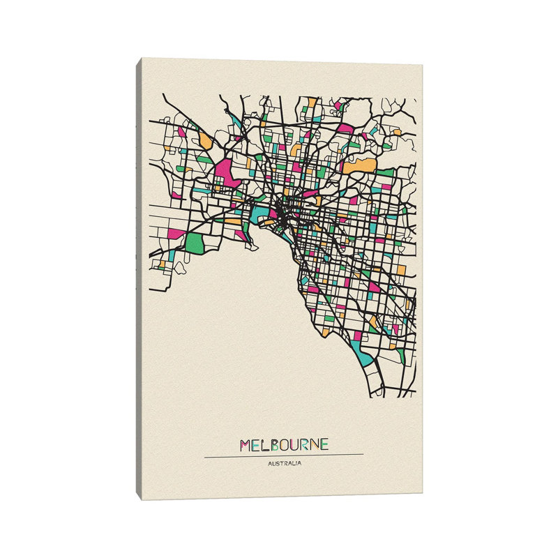 Melbourne, Australia Map by Ayse Deniz Akerman - Wrapped Canvas Print, 20.32 cm H x 30.48 cm W