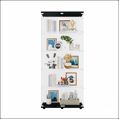 Two Door Glass Display Cabinet With 5 Shelves, Black,  For Showcasing Collectibles And Enhancing Home Decor.