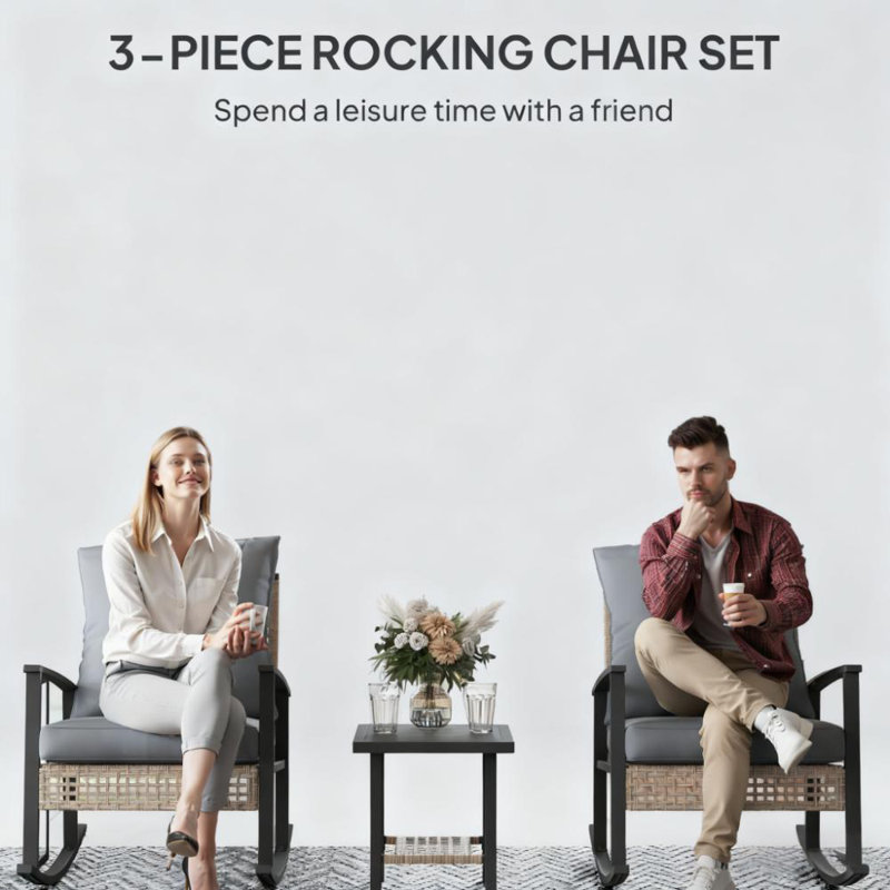 Button Tufted Cushions With Patio Furniture Set, Rattan Rocking Chairs, Coffee Table, Gray