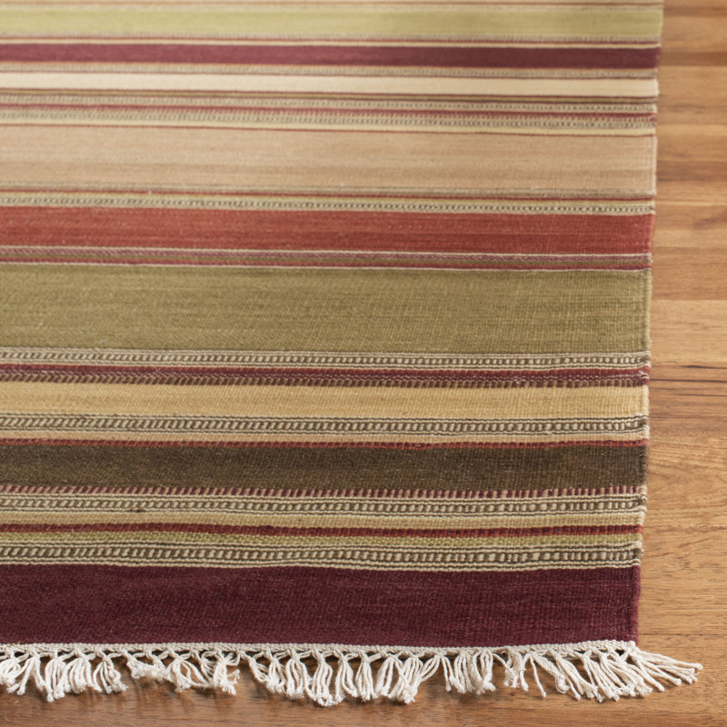 Basler Kilim Hand Woven Wool/Cotton Striped Rug in Brown/Green/Beige, Rectangle 4' x 6'