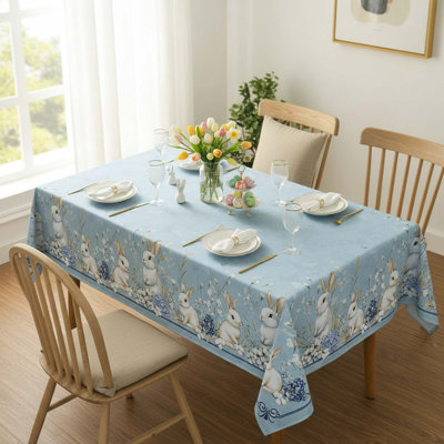 Nappe de Pâques 60 x 84 pouces rectangulaire, imprimé lapin bleu et fleur, housse de table lavable pour fête ou pique-nique