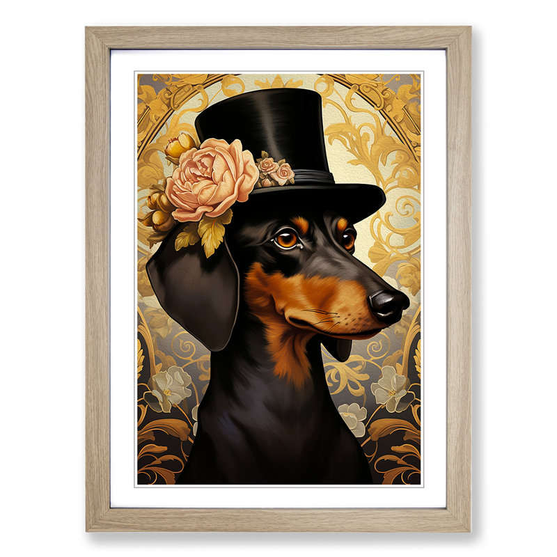 Dachshund Nouveau No.2 - Framed Print, Oak, 46cm H x 34cm W x 2cm D