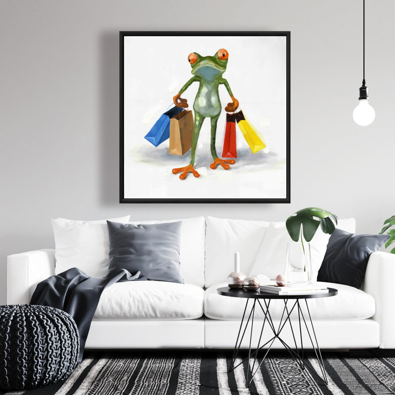«Drôle de grenouille avec des sacs de magasinage» sur toile