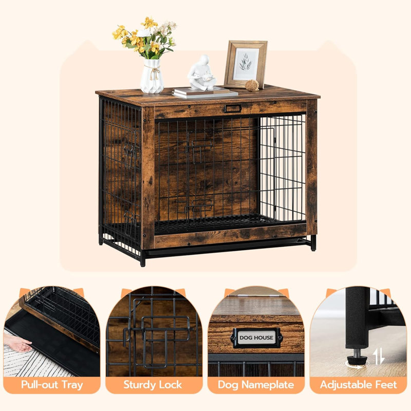 Medium Brown Wooden Dog Crate Table with Metal Bars