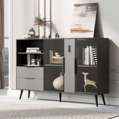 Armoire de rangement à deux portes avec deux tiroirs et poignées en métal