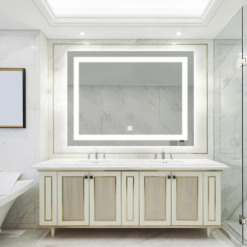 Miroir de salle de bain pour salle de bain avec lumière intense, intensité variable, contrôle de l'interrupteur mural, antibuée, IRC 90 réglable 3000K-4500K-6000K, IP54 imperméable à l'eau, vertical et horizontal