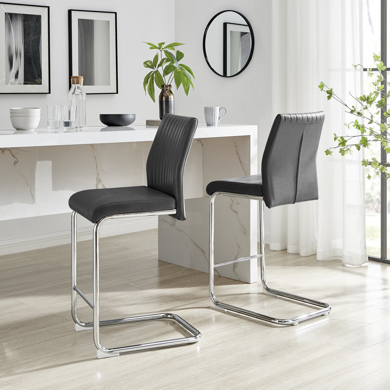 Loren Luxury Faux Leather Breakfast Bar Chairs - Upholstered Modern Design Chrome Legs, Black