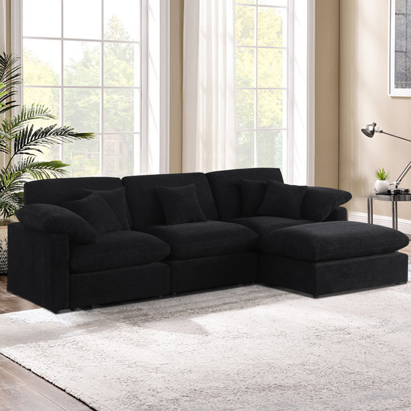 Luxurious Chenille Fabric 4-Piece Modular Sectional Sofa with Ottoman, Black Chenille, 33.5" H x 117" W x 73" D