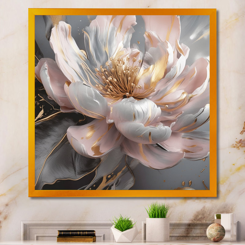 Marbre rose doré, pivoine III, art abstrait sur toile marbrée, H 24 po x l 24 po, Cadre photo noir, Doré