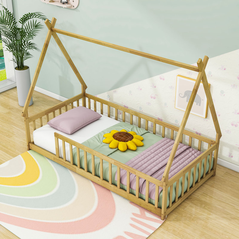 Twin-Sized Floor Bed With Safety Guardrails And Slats, Natural