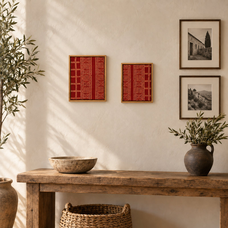 Tableau mural textile imprimé à la main Ajrakh avec cadre flottant en bois composite, H 13 po x l 10 po