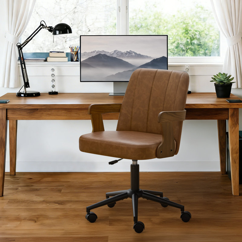 Breathable Cane Back Office Chair With Mid-Century Walnut Frame & Adjustable Swivel Base, Brown