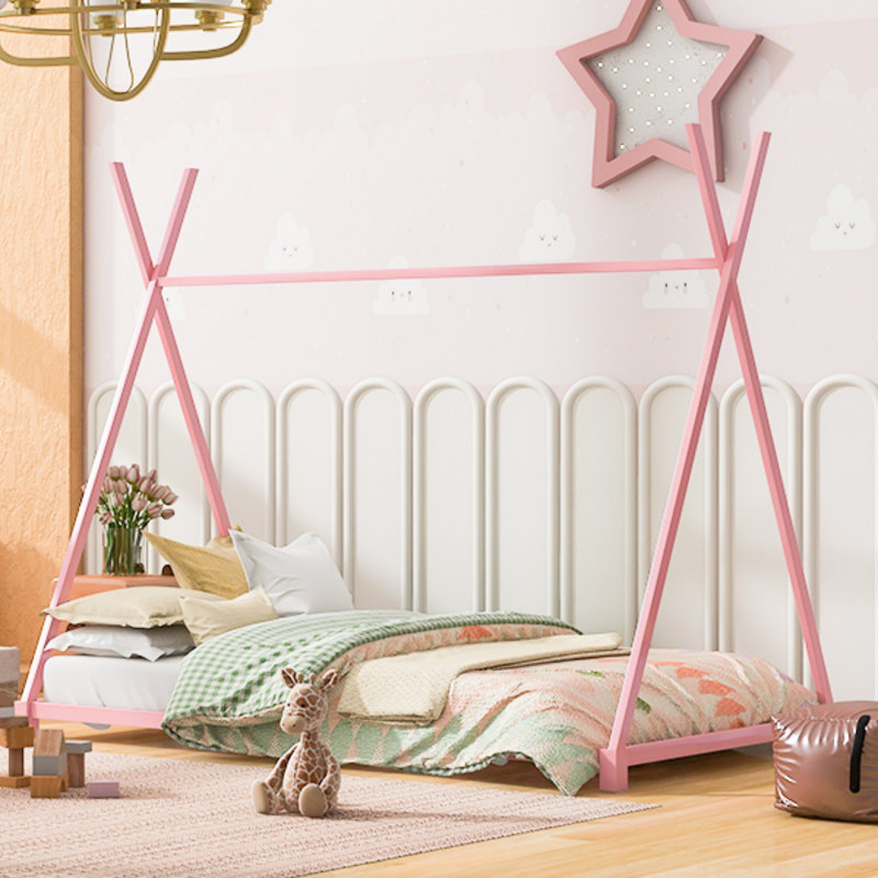 Lit plateforme simple en métal avec structure triangulaire, lit, Rose