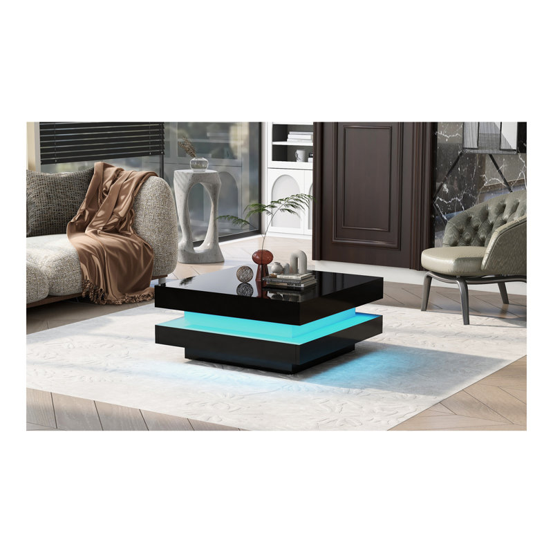 Design minimaliste ultrabrillant avec lumières DEL, table basse carrée à 2 niveaux, table centrale pour le salon, noir, Noir